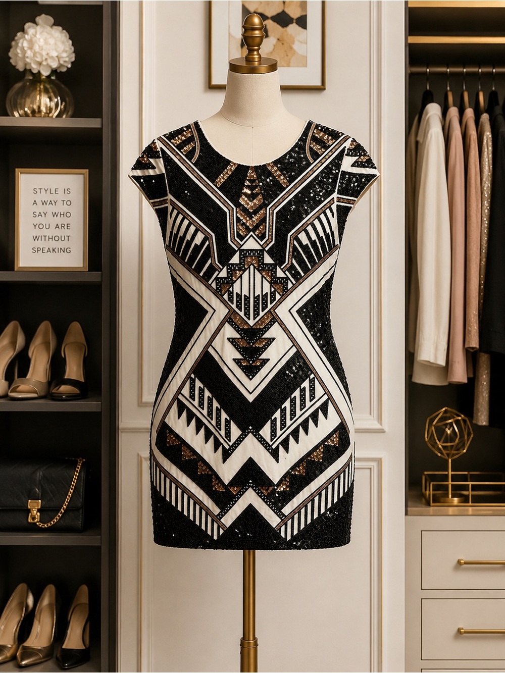 Express Geometric Sequin Cocktail Dress - Black & Gold Sparkle Party Mini